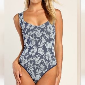 FREE PEOPLE Printed Clean Lines Blue Floral Print Bodysuit- Size XS/S